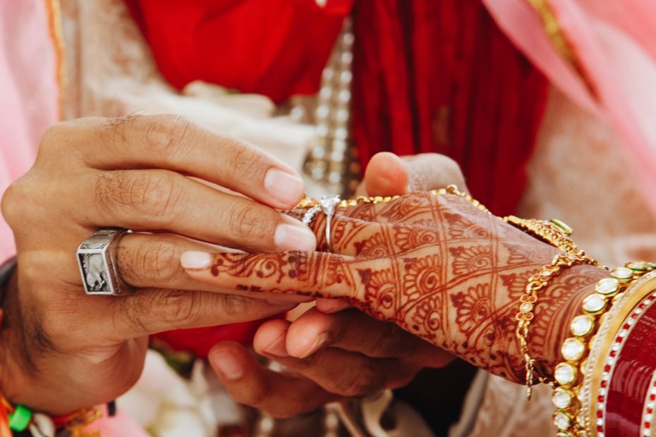 Wedding ritual of putting the ring on the finger in India